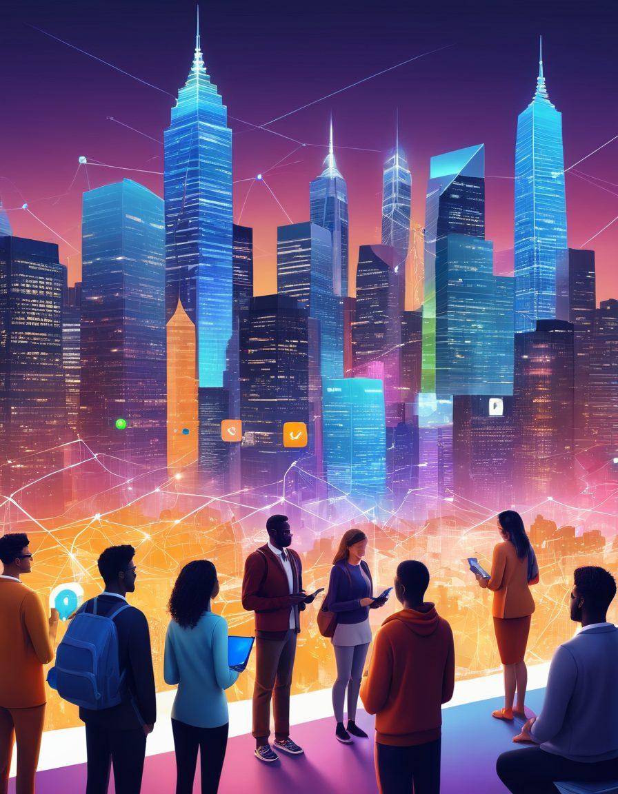 An illustration of a diverse group of people collaborating on a digital platform, showcasing community engagement and innovative technology. Include elements like interconnected devices, supportive gestures among the group, and vibrant icons representing connectivity. In the background, a city skyline symbolizes modernity and progress. The atmosphere should be inspiring and uplifting, expressing unity and creativity. vibrant colors. 3D.