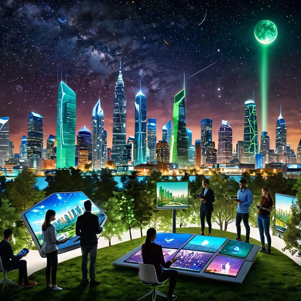 A dynamic city skyline with futuristic buildings under a starry sky, showcasing digital interfaces and tech-driven community projects. In the foreground, diverse individuals collaboratively brainstorming with innovative gadgets, surrounded by green spaces and technology that promotes community engagement. The essence of innovation and technology merging with community spirit is vividly captured. vibrant colors. super-realistic. 3D.
